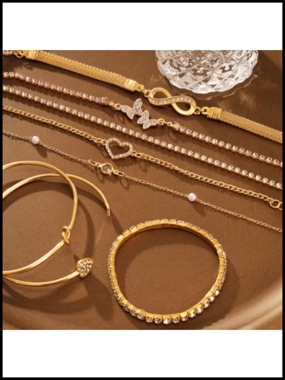Stackable Bangle Chain Bracelet Set Adjustable Cuff Rhinestone Charm - Picture 4 of 6